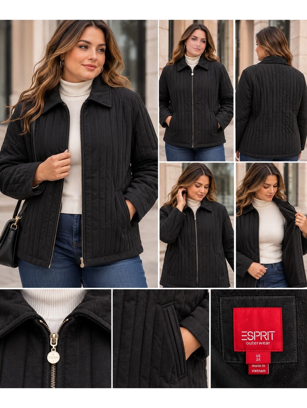 Esprit Outerwear Women’s 2X Black Quilted Zip Jacket • Minimalist • Quiet Luxury